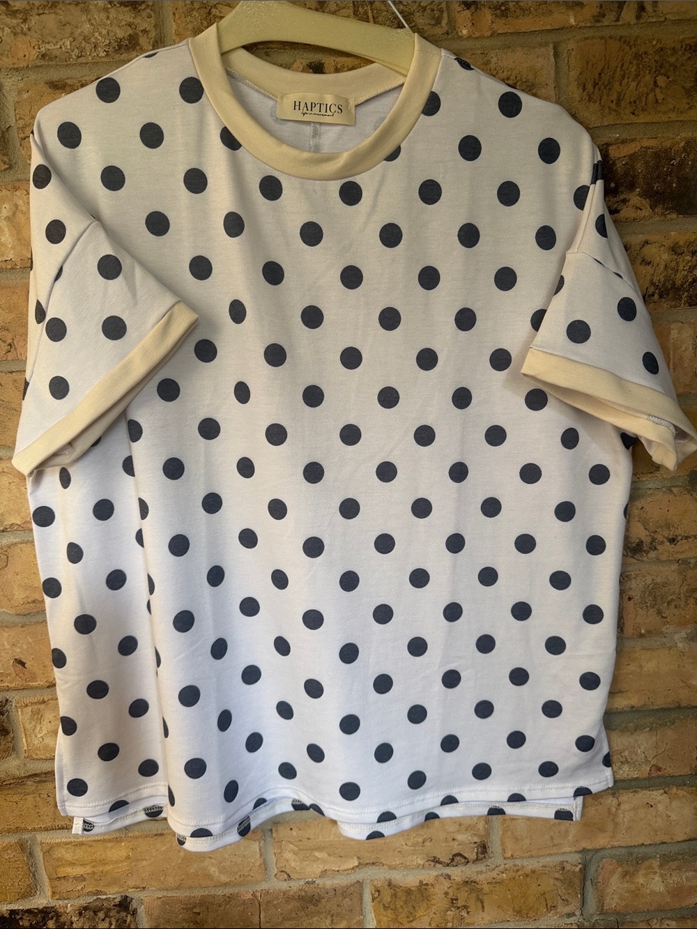 Haptics White Polka Dot Short-Sleeve Blouse with Cream Trim